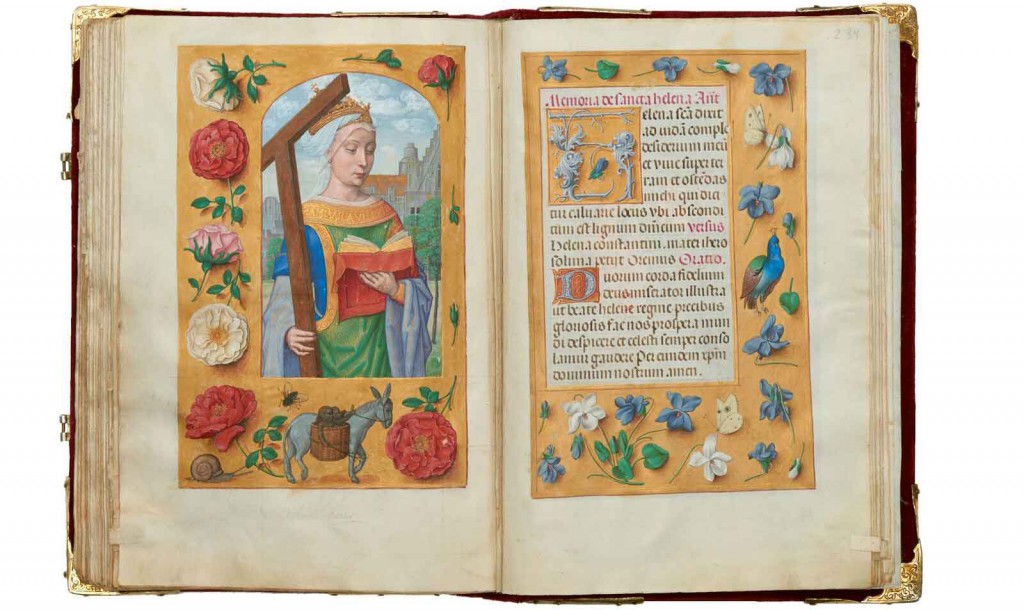 ‘St Helena’. Suffrage [strewn flowers, donkey, fly and snail], The Rothschild Prayer Book, fols 233v–234r