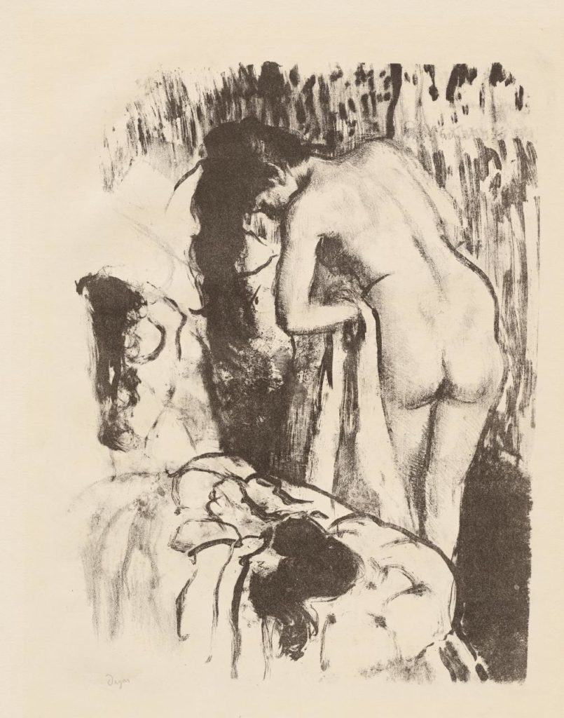 Edgar Degas, ‘Nude woman standing, drying herself’, 1891–92, lithograph, fourth of six states, 33.1 x 24.8 cm (stone), 44.8 x 36.2 cm (sheet), Sterling and Francine Clark Institute, Williamstown, Massachusetts.