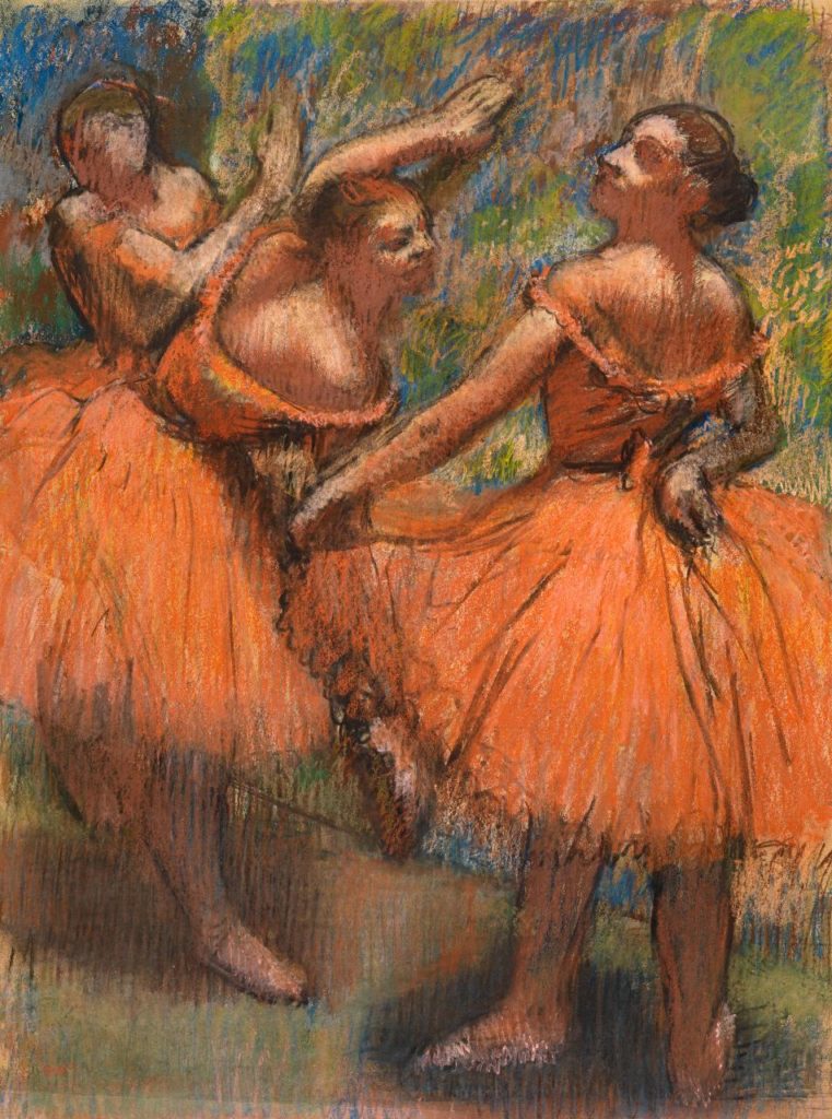 Edgar Degas Group of dancers (red skirts) (Groupe de danseuses (Jupes rouges))1895–1900 pastel 77.0 x 58.0 cm Lent by Glasgow Life (Glasgow Museums) on behalf of Glasgow City Council: from the Burrell Collection with the approval of the Burrell Trustees. 