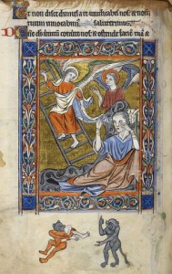 Rutland Psalter (England, c.1260, Latin, Add. MS 62925, British Library), miniature of Jacob's Ladder, before Psalm 80; bas-de-page scene of cannibal hybrids, f. 83v.