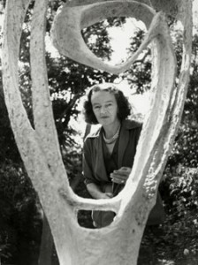 Barbara Hepworth with the plaster of 'Garden Sculpture' (Model for Meridian), BH 246, 1958, in her St Ives garden, June 1960; sourced from http://barbarahepworth.org.uk/biography/.