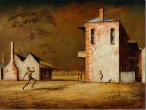 Russell Drysdale, 'The cricketers', 1948, oil on composition board, 76.2 x 101.5 cm. Private collection, © Estate of Russell Drysdale.