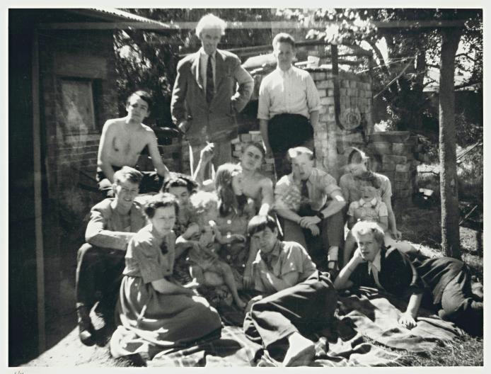 Family and friends at Open Country, c.1951, (Left to right, back) David Boyd, Merric Boyd, Hatton Beck, (Left to right centre) Guy Boyd, Lucy Boyd (with child), Mary Boyd, John Perceval, unidentified, Yvonne and son Jamie Boyd, (Left to right, front) Doris Boyd, Arthur Boyd, Joy Hester