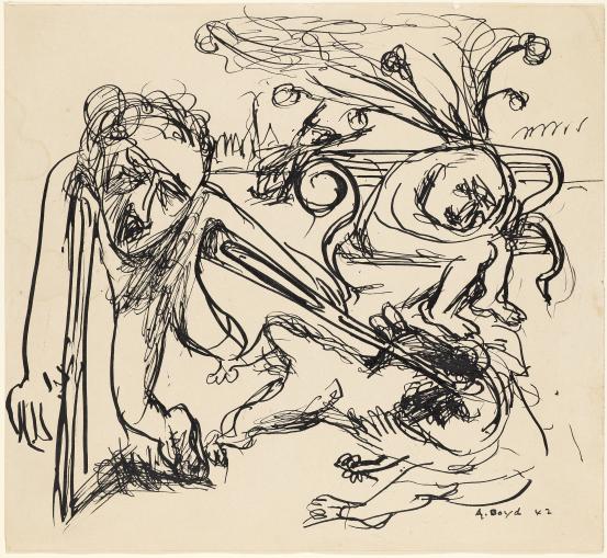 Arthur Boyd, ‘Figure with crutches, fallen figure and figures on bench’, 1942, reed pen and ink, National Gallery of Victoria, Melbourne.