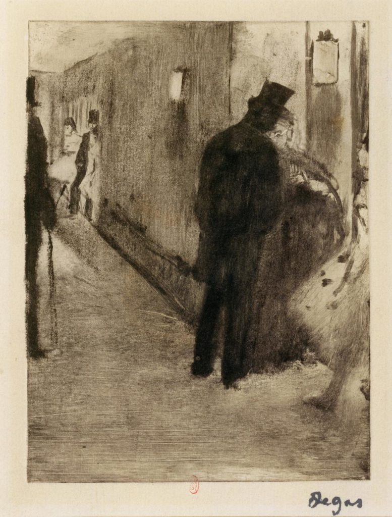 Edgar Degas, ‘Ludovic Halévy talking to Madame Cardinal’, 1880–83, monotype, 15.8 x 11.8 cm (plate), Bibliothèque nationale de France, Paris.